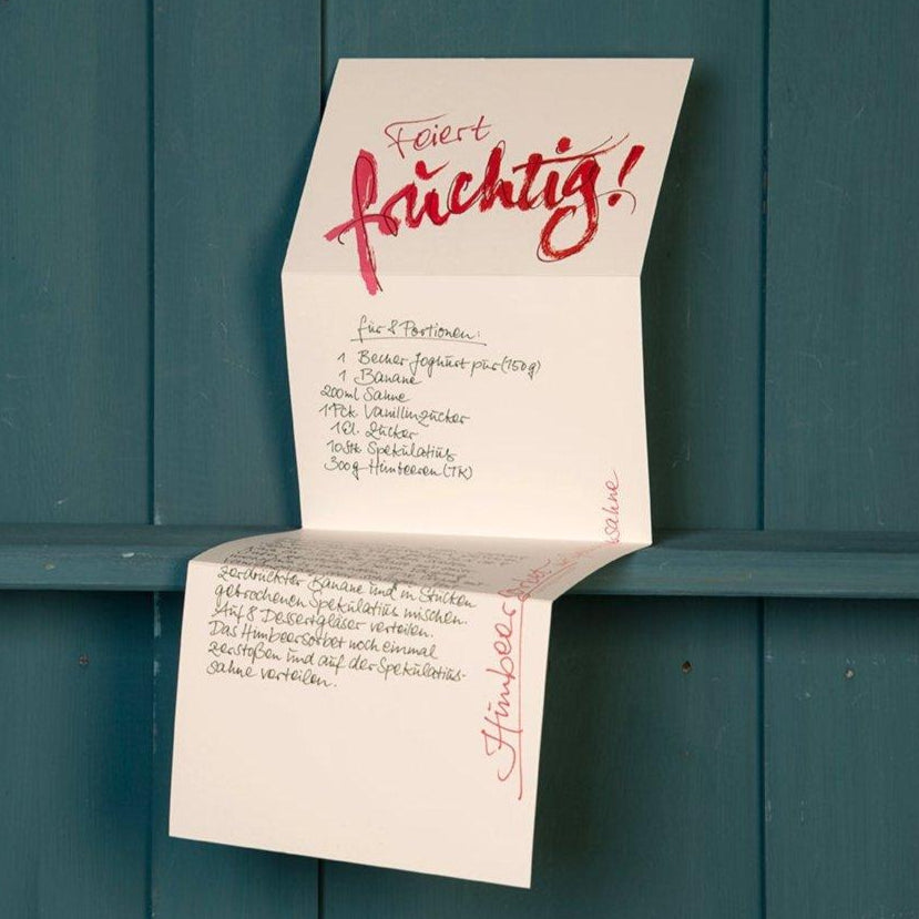 Weihnachtsrezept Grußkarte Himbeersorbet »Feiert fruchtig!« - Kalligraphie Claus Dorsch 