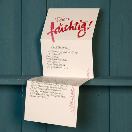 Weihnachtsrezept Grußkarte Himbeersorbet »Feiert fruchtig!« - Kalligraphie Claus Dorsch 