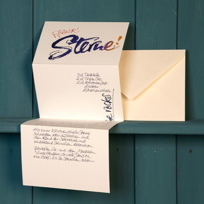 Weihnachtsgrusskarte_mit_Weihnachtsrezept_Getraenk_Kalligraphie_coloriert »Pflück’ Sterne!« - Rezepte